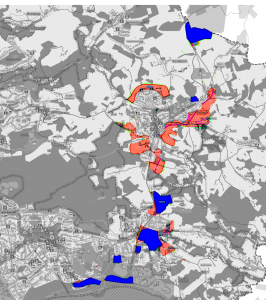 Blau=Gewerbegebiete / Rot=Wohngebiete